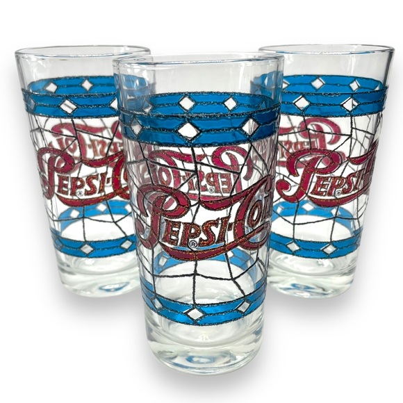 Pepsi Cola Set of 3 Vintage 70s Tiffany Raised Stain Glass Tumblers - Picture 5 of 11